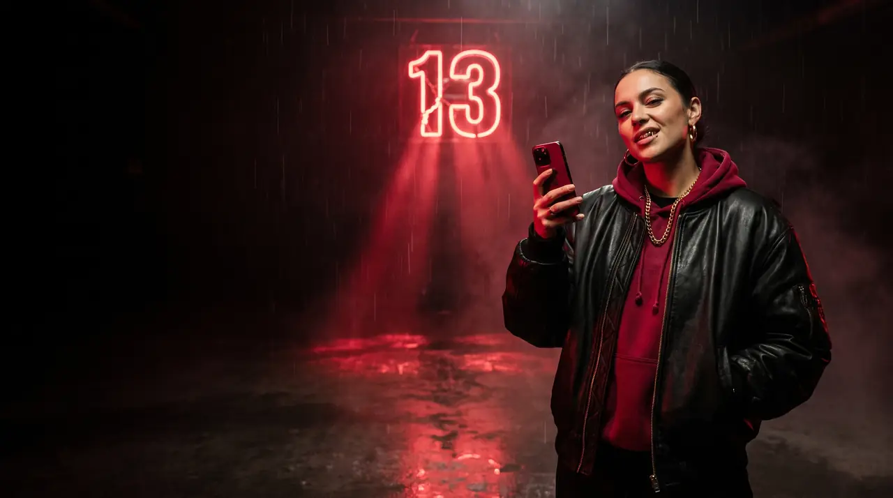 Arena13 key art: a woman in a black leather jacket under a cracked red neon 13 in a dark, rainy arena