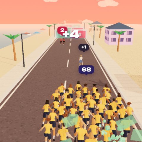 Headcounts on Arena13: a crowd of 68 runners in gold kits on a seaside road