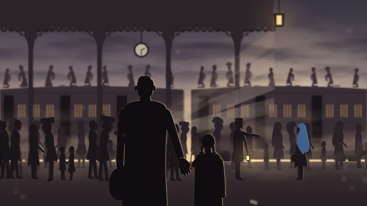 A painted frame from Chapter 1 of The Last Train Home: a railway platform at dawn